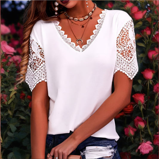 V-Neck Short Sleeve  Lace Top