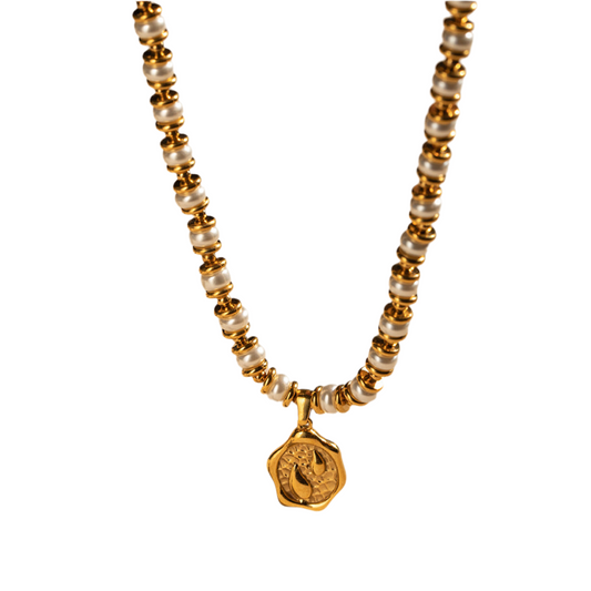 Gold Steel Pearl Charm Necklace