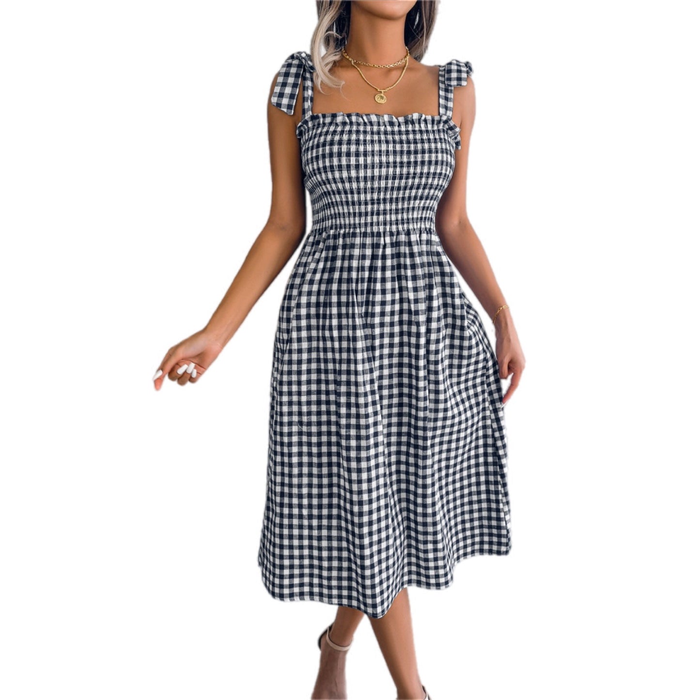 Retro Frill Plaid Midi Dress