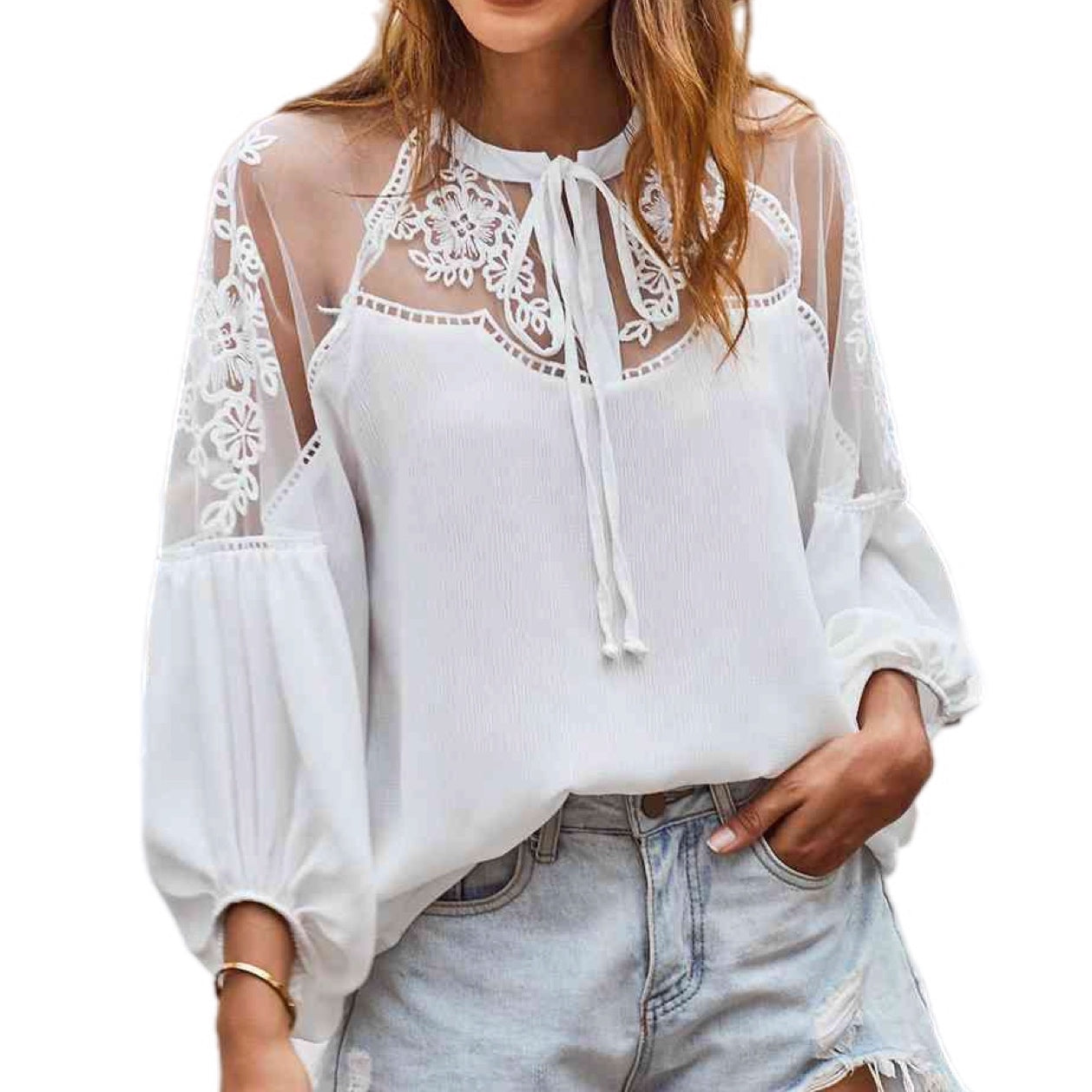 Embroidered Tie-Neck Puff Sleeve Blouse