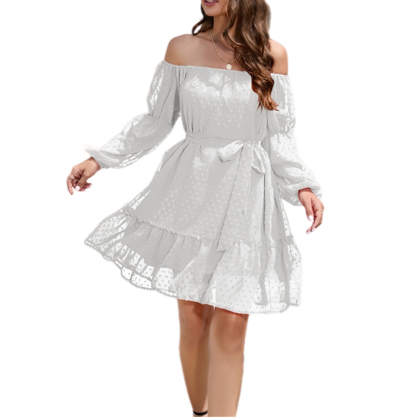 Swiss Dot Off-Shoulder Balloon Sleeve Dress