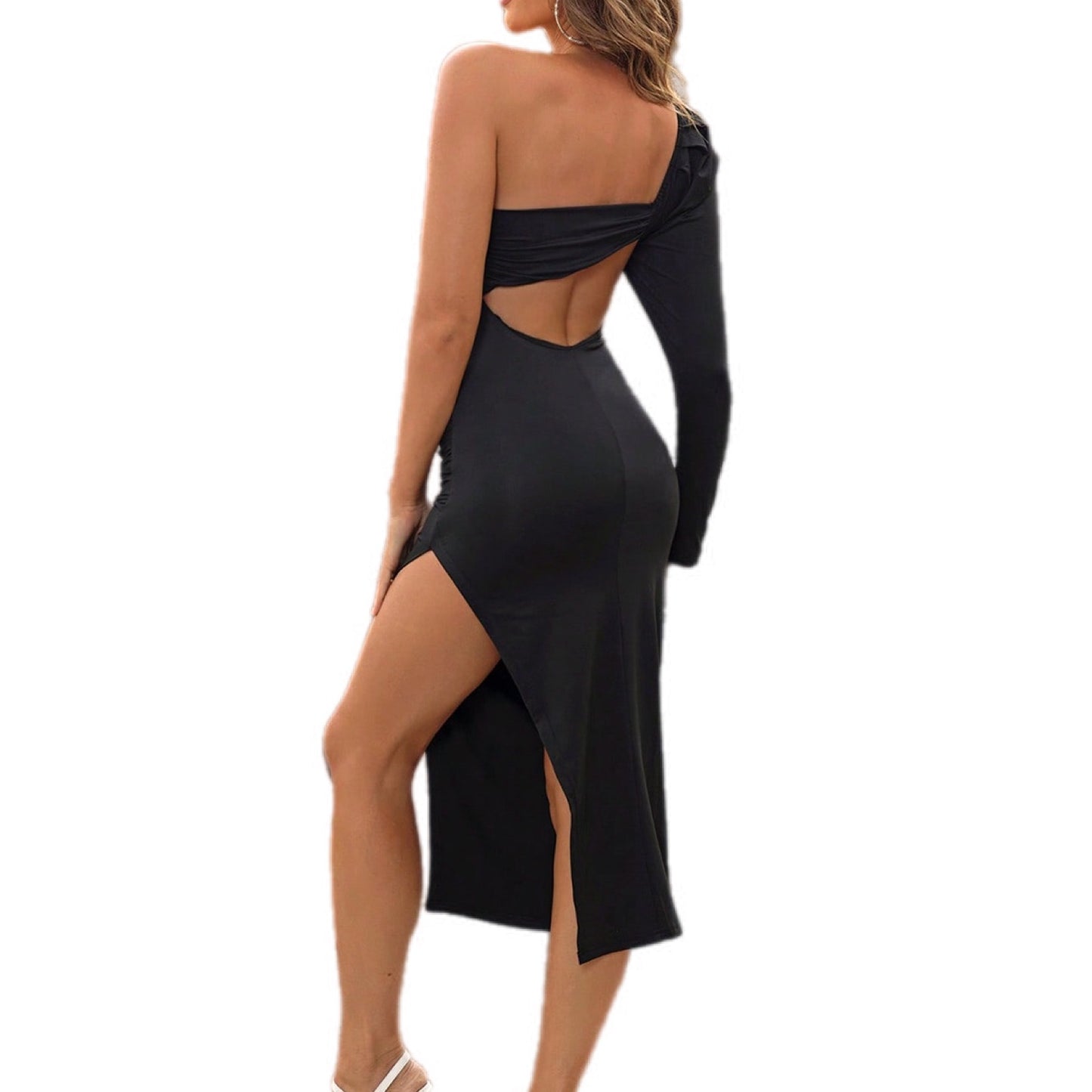 Sultry Black Asymmetrical Cutout Maxi Dress