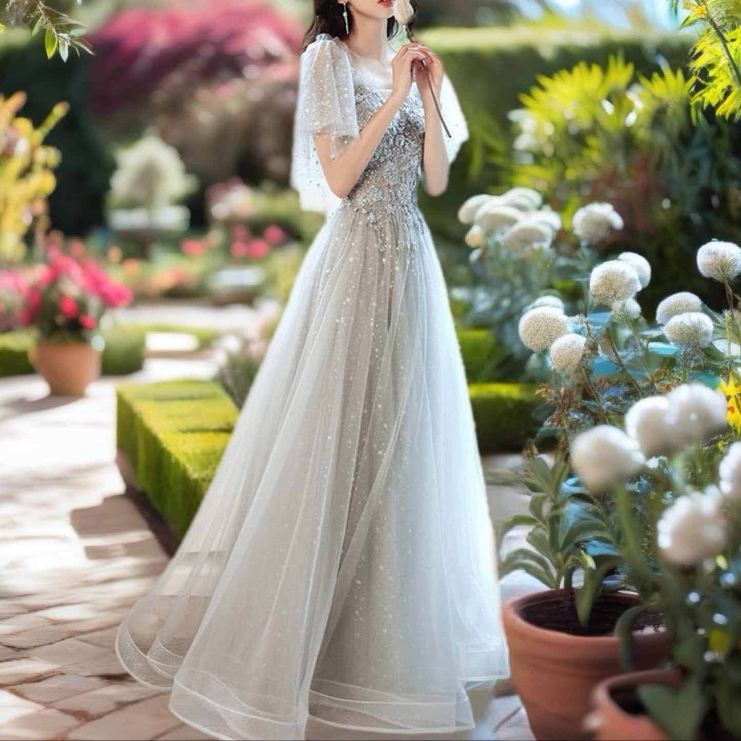 Grey Floral Beaded Evening Gown