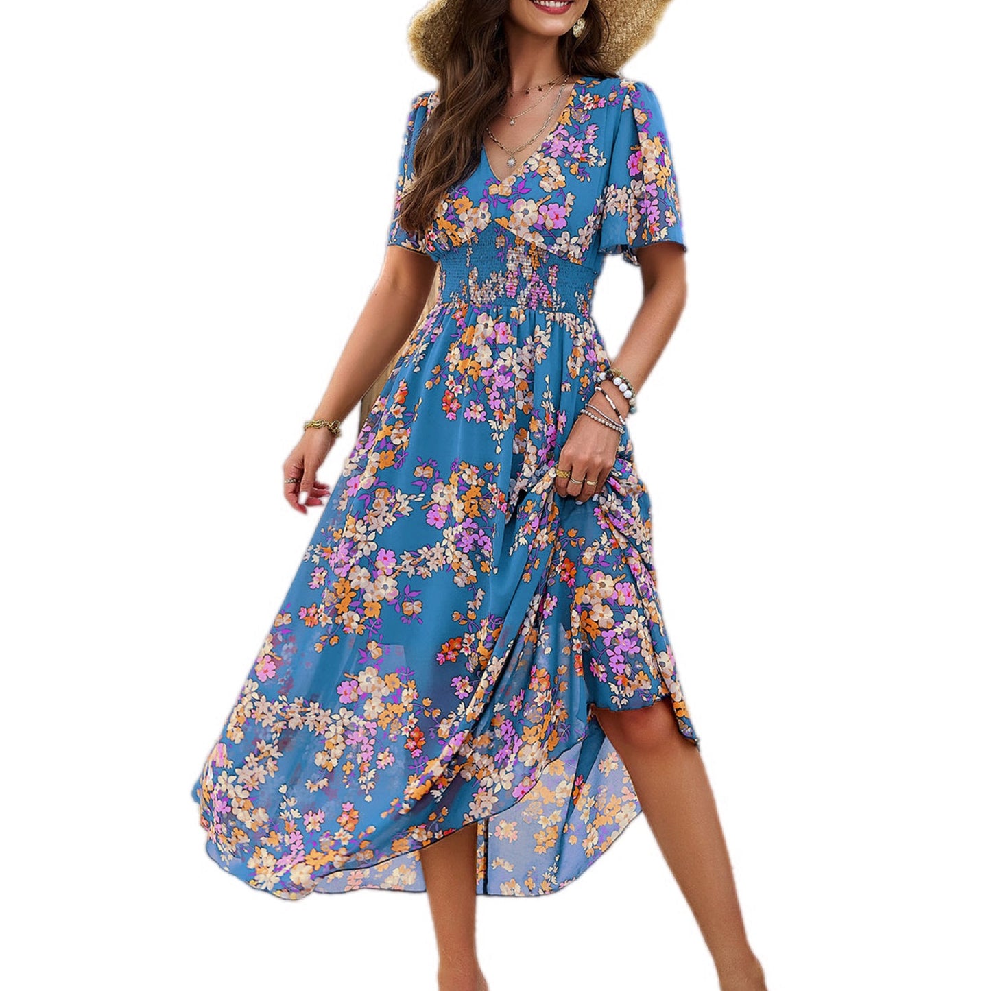 Smocked Floral V-Neck Short Sleeve Dress