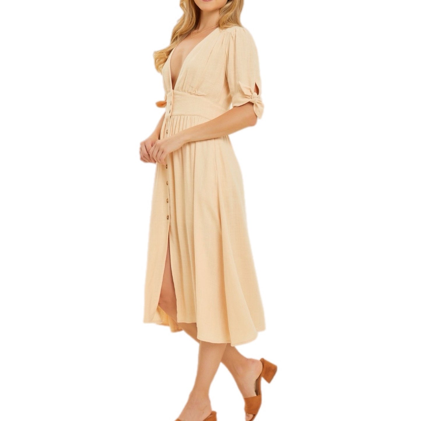 Linen V-Neck Button-Down Midi Dress