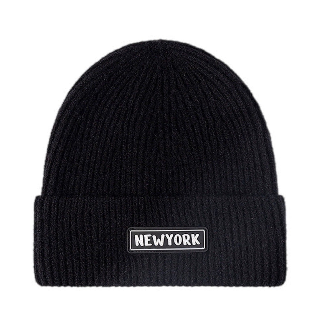 NEWYORK Patch Rib-Knit Cuffed Beanie