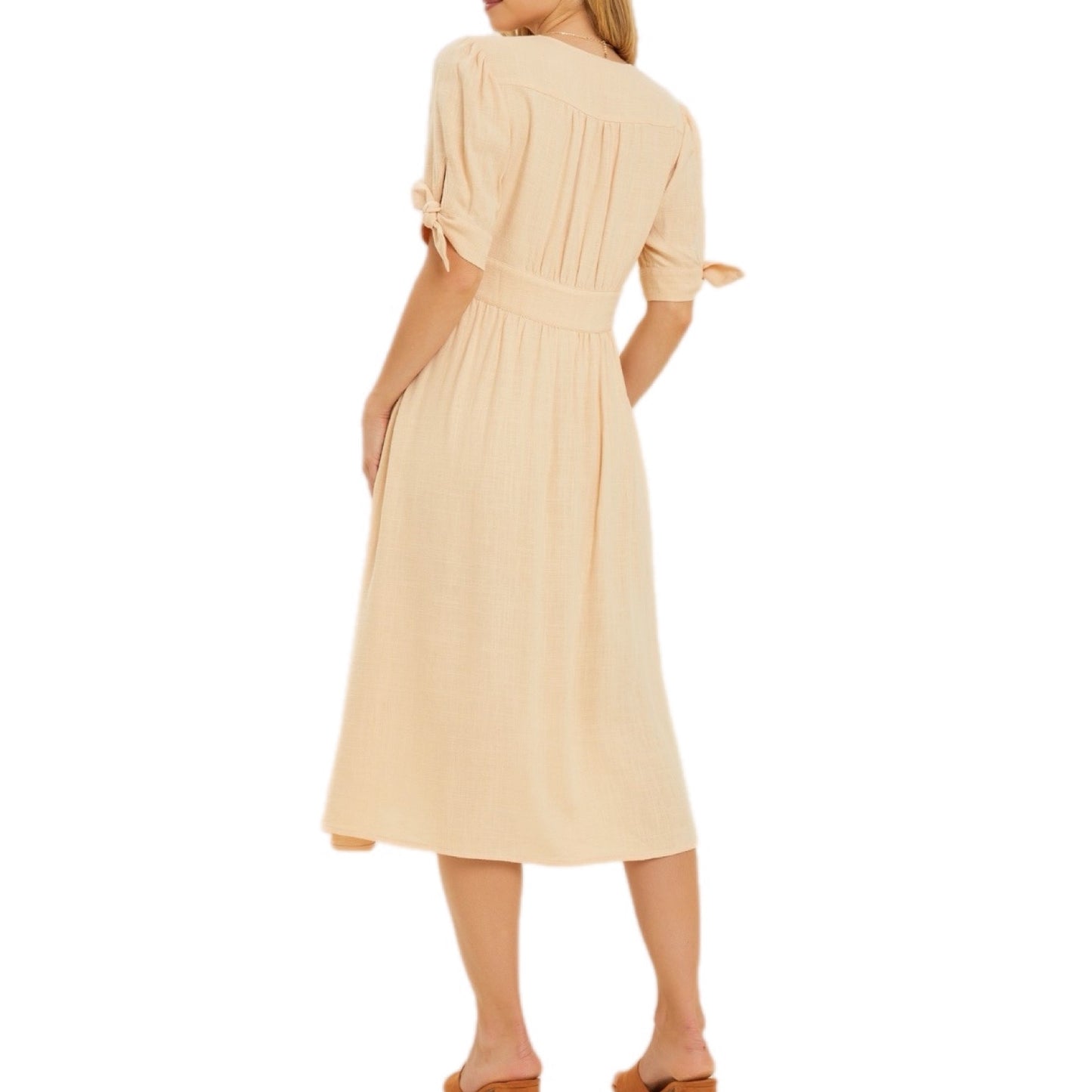 Linen V-Neck Button-Down Midi Dress