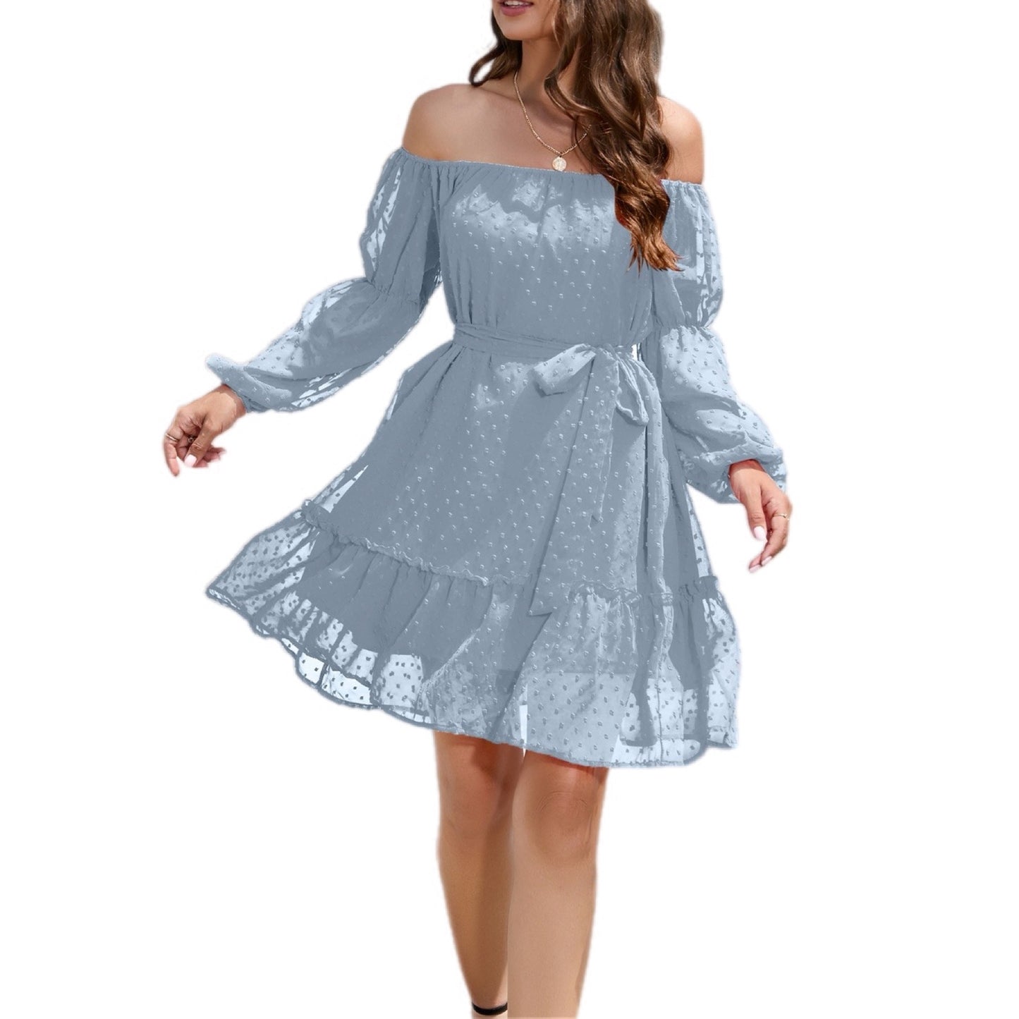 Swiss Dot Off-Shoulder Balloon Sleeve Dress