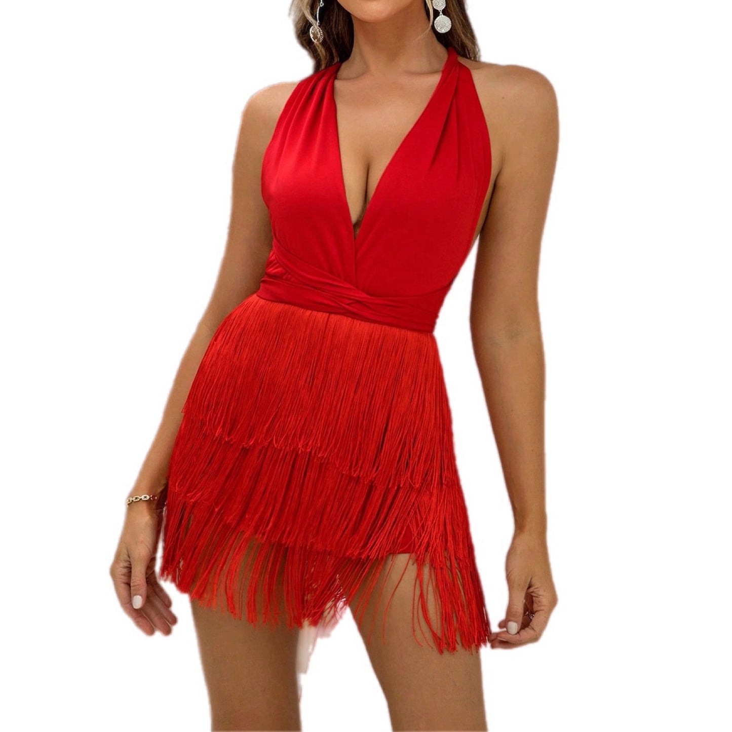 Surplice Neck Fringe Detail Back Crisscross Romper