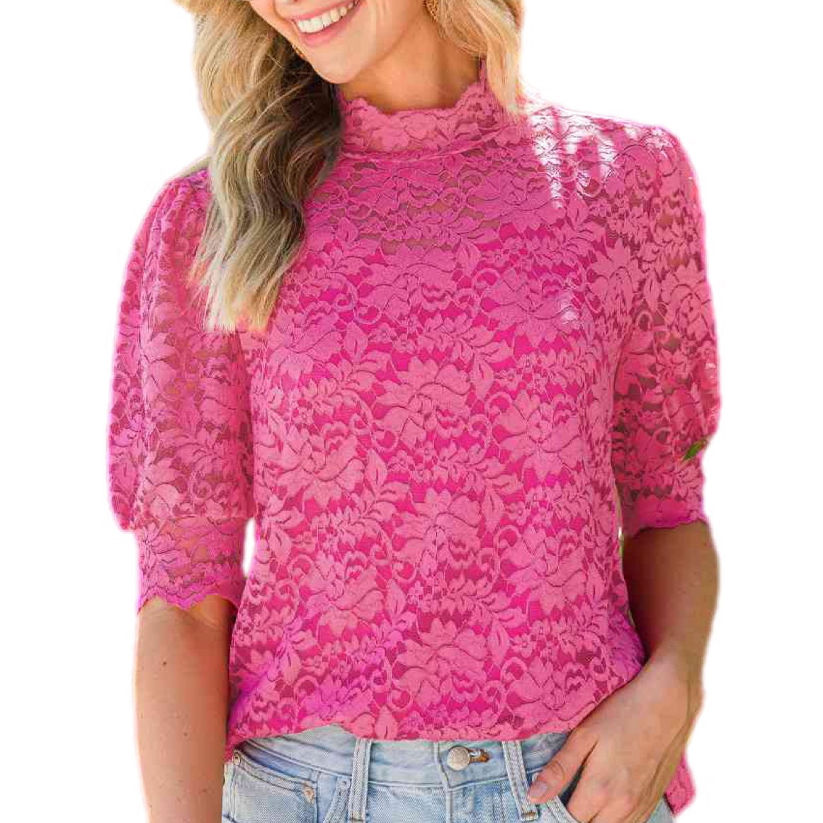 Lace Scalloped Short Puff Sleeve Top