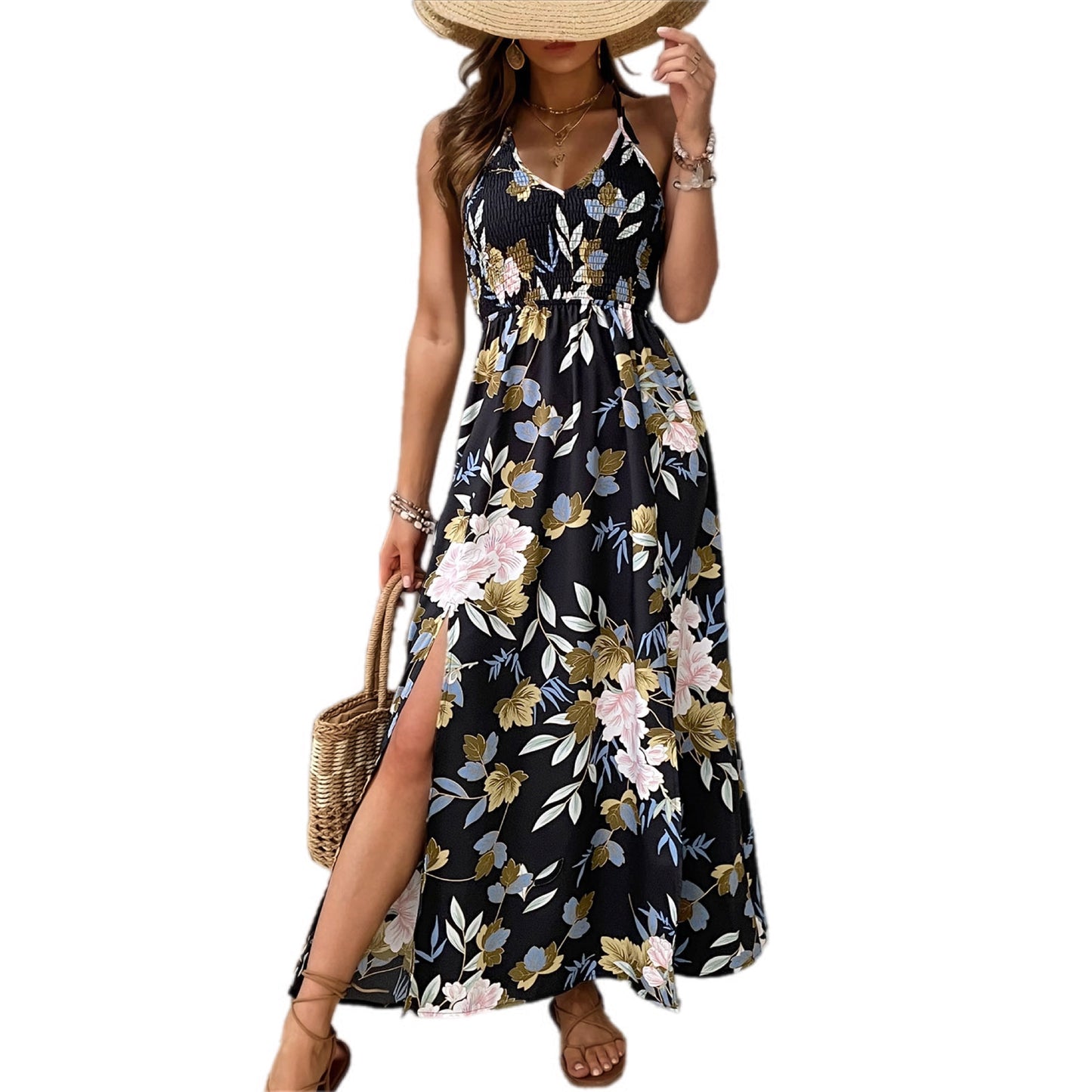 Halter Neck Floral High-Low Maxi Dress