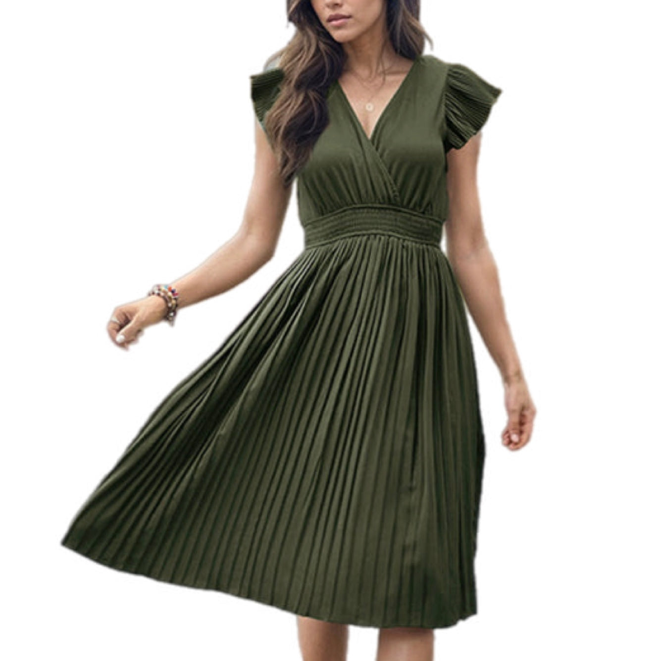 V-Neck Pleated Dress with Ruffle Sleeves