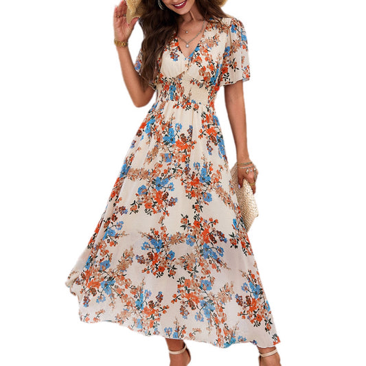 Smocked Floral V-Neck Short Sleeve Dress