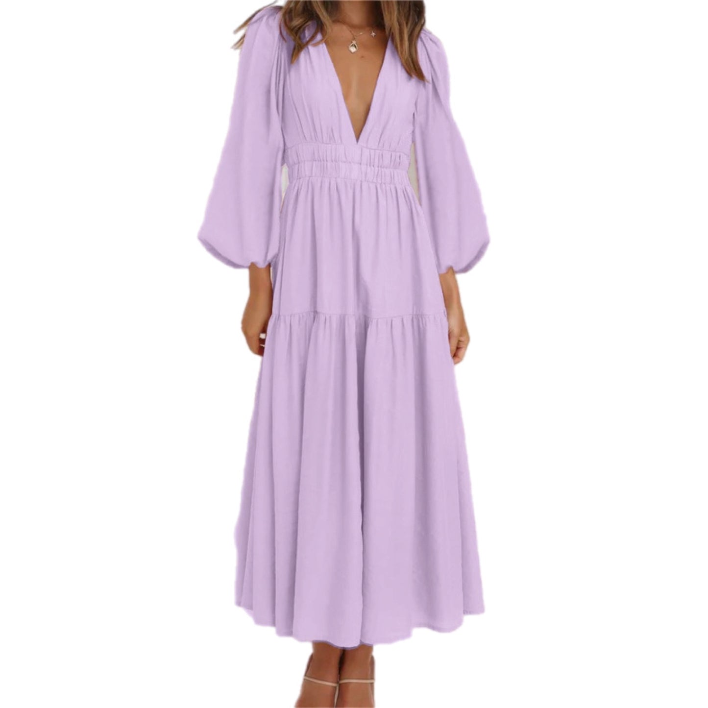 Deep V-Neck Balloon Sleeve Plain Maxi Dress