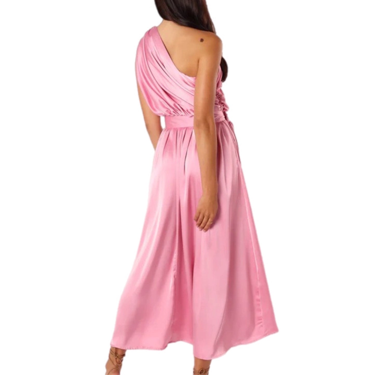 One-Shoulder Satin Maxi Dress with Waist Tie