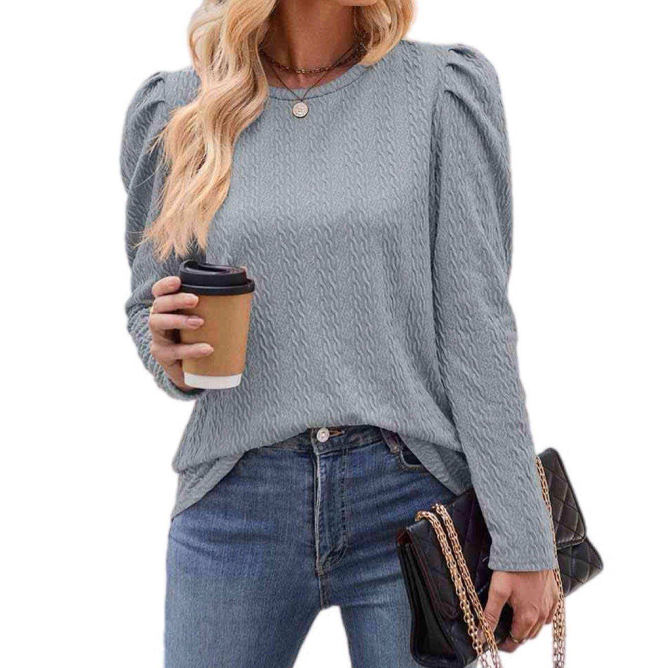 Chic Round Neck Puff Sleeve Blouse