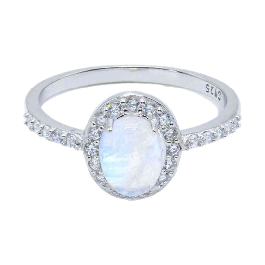 Oval Rainbow Moonstone Sterling Silver Halo Ring