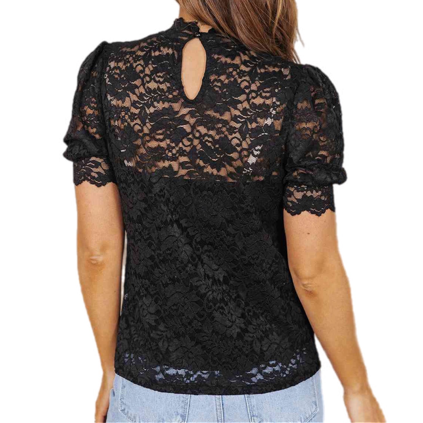 Lace Scalloped Short Puff Sleeve Top