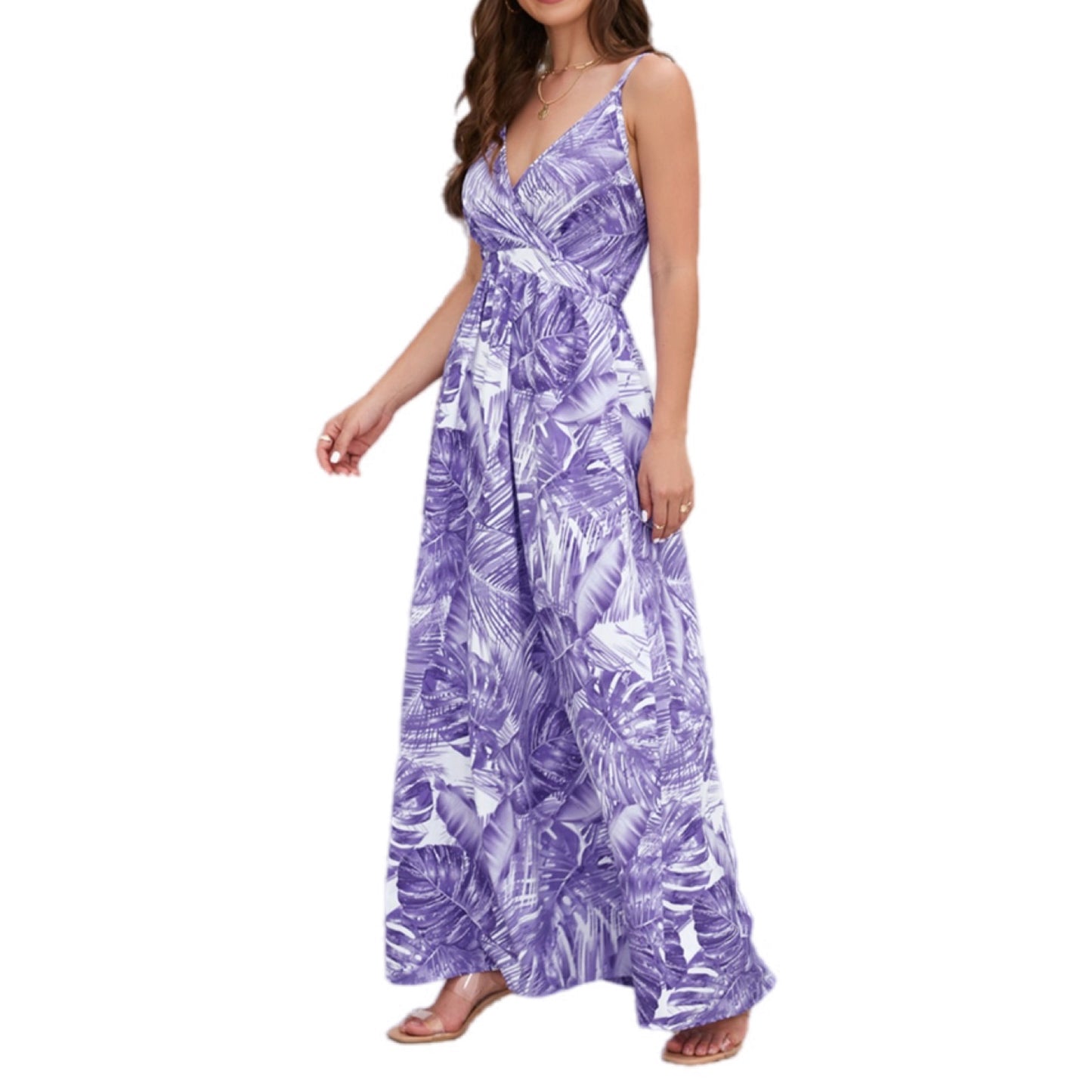 Tropical Print V-Neck Maxi Dress