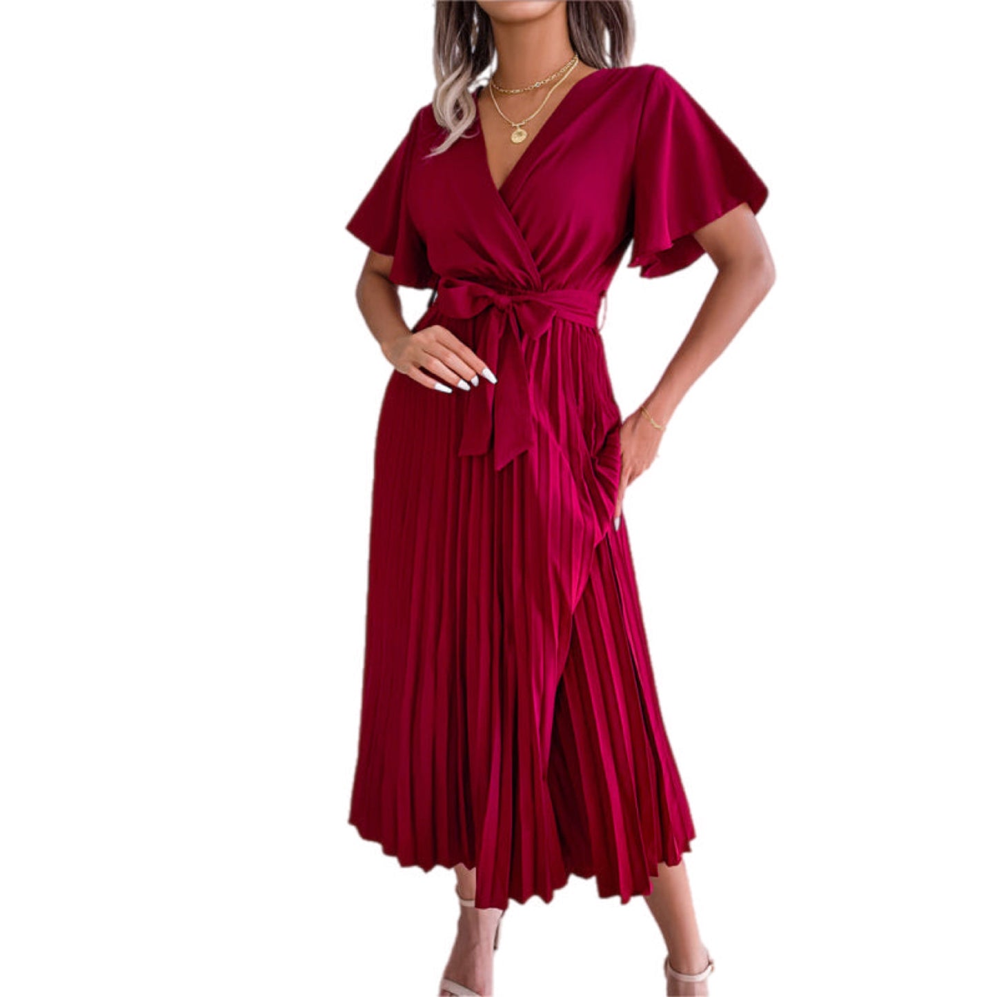 V-Neck Pleated Midi Dress