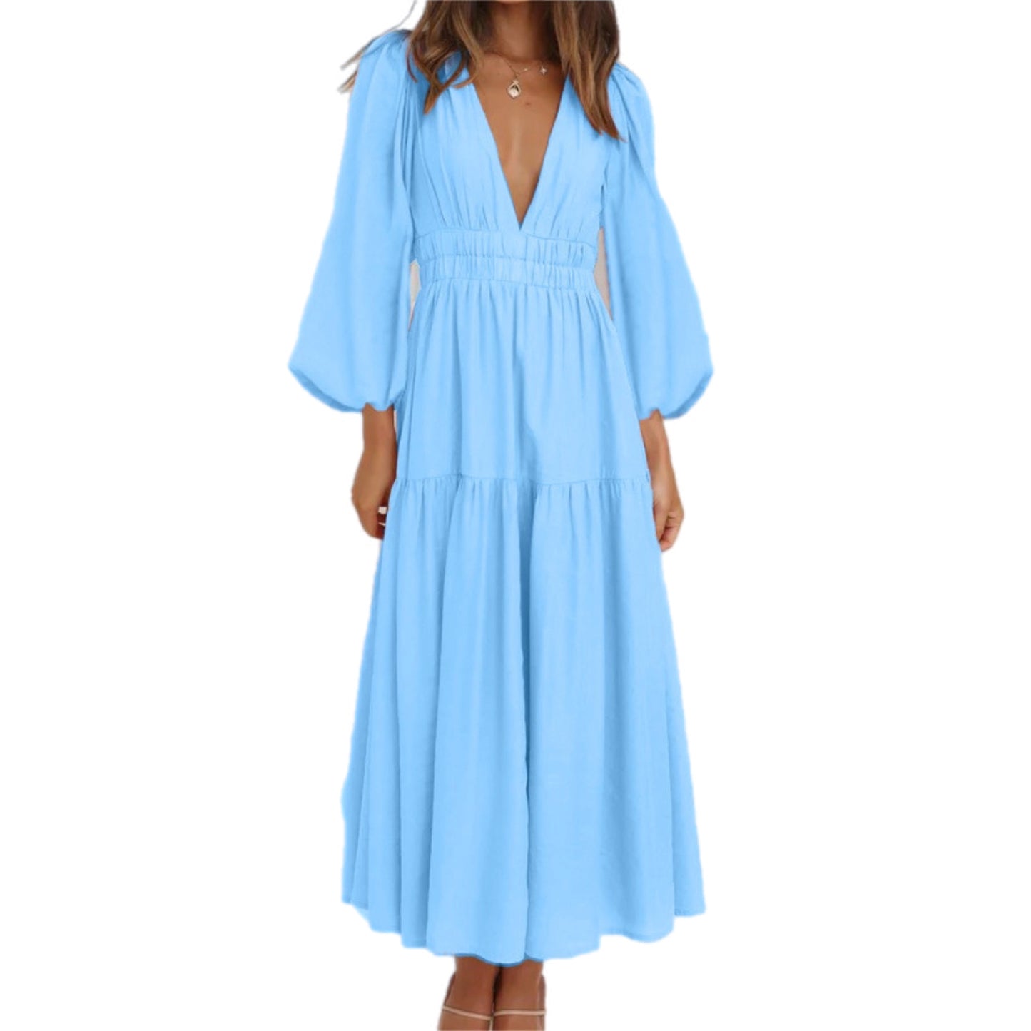 Deep V-Neck Balloon Sleeve Plain Maxi Dress