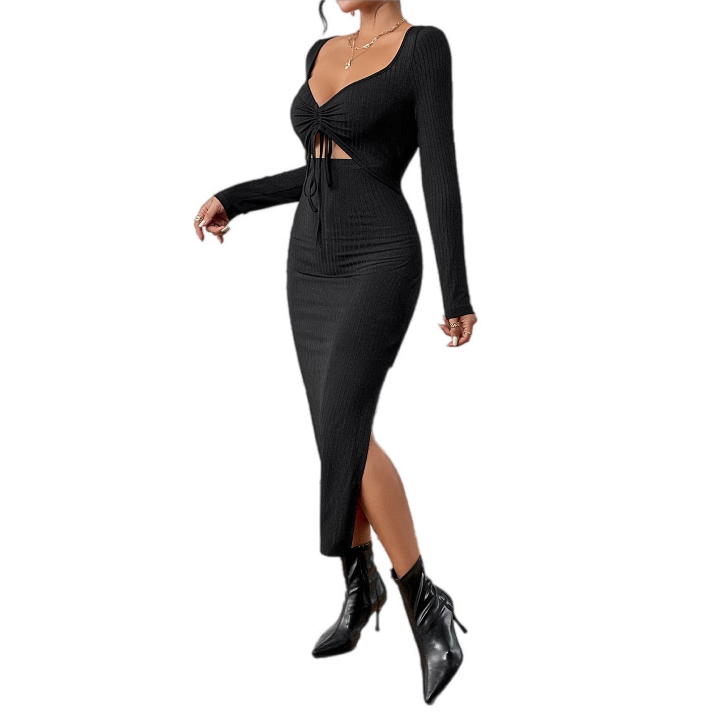 Cutout Drawstring Slit Dress