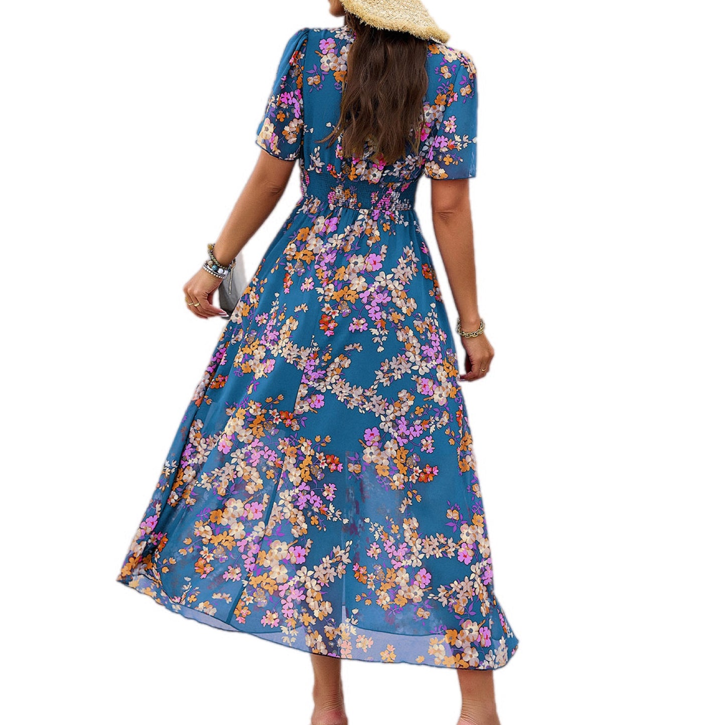 Smocked Floral V-Neck Short Sleeve Dress