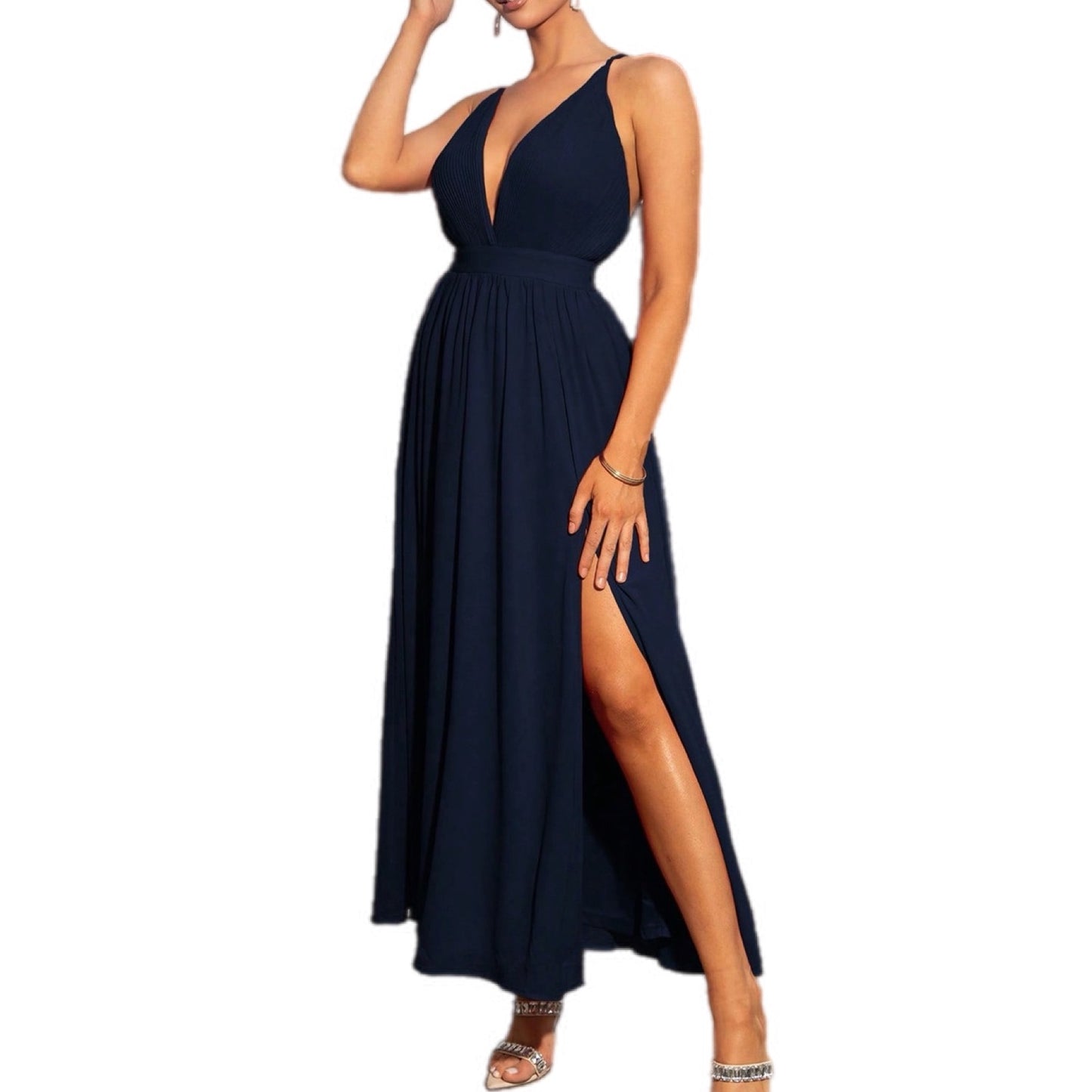 Midnight Elegance Plunging Neckline Slit Maxi Dress