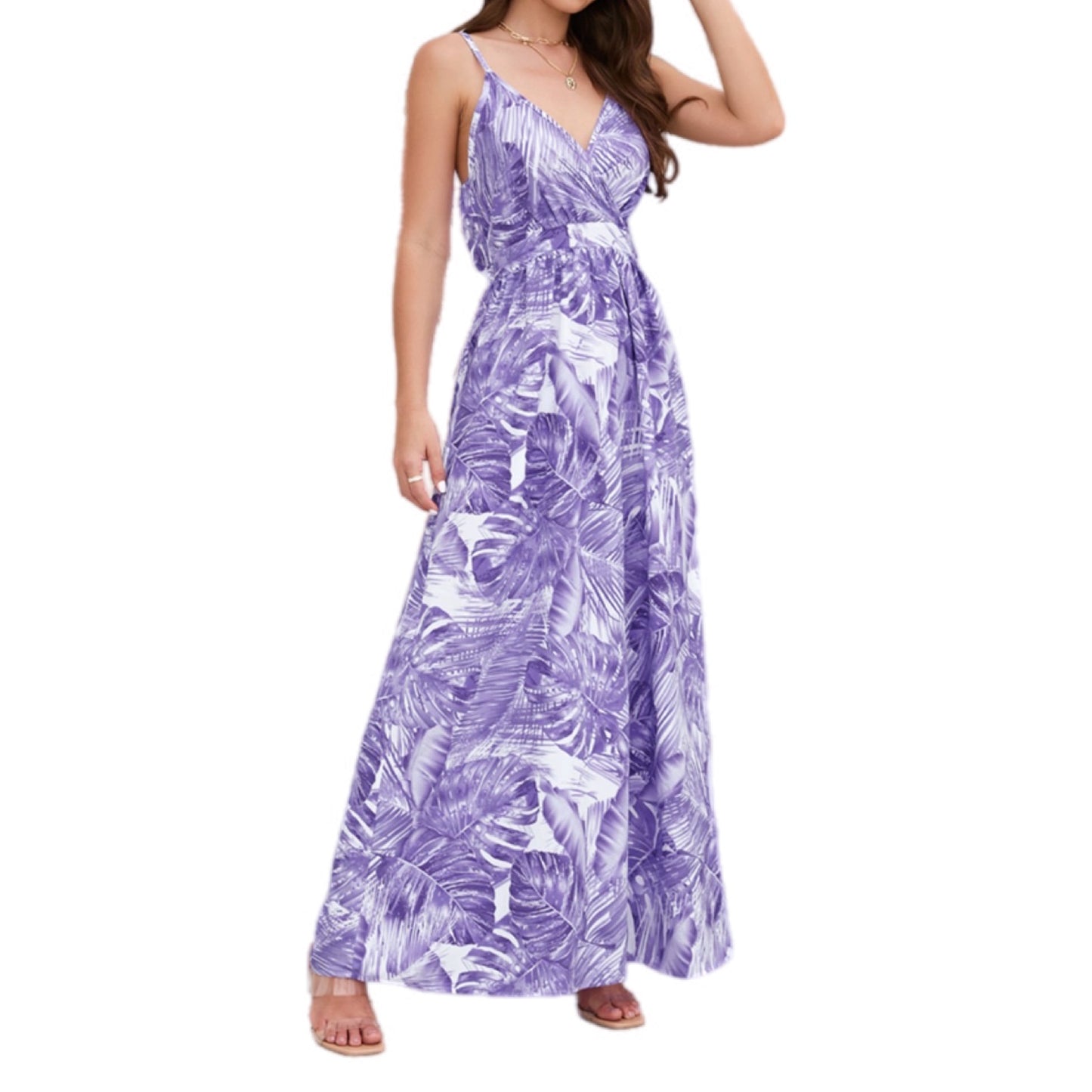 Tropical Print V-Neck Maxi Dress