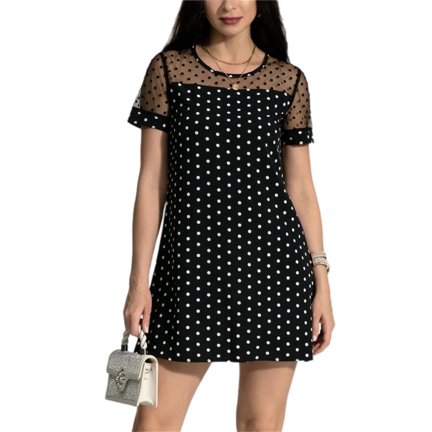 Polka Dot Mesh Panel Skater Dress