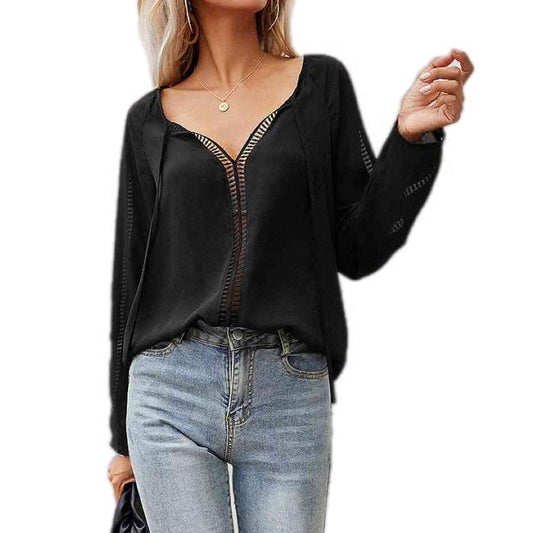 Tie Neck Long Sleeve Sheer Blouse