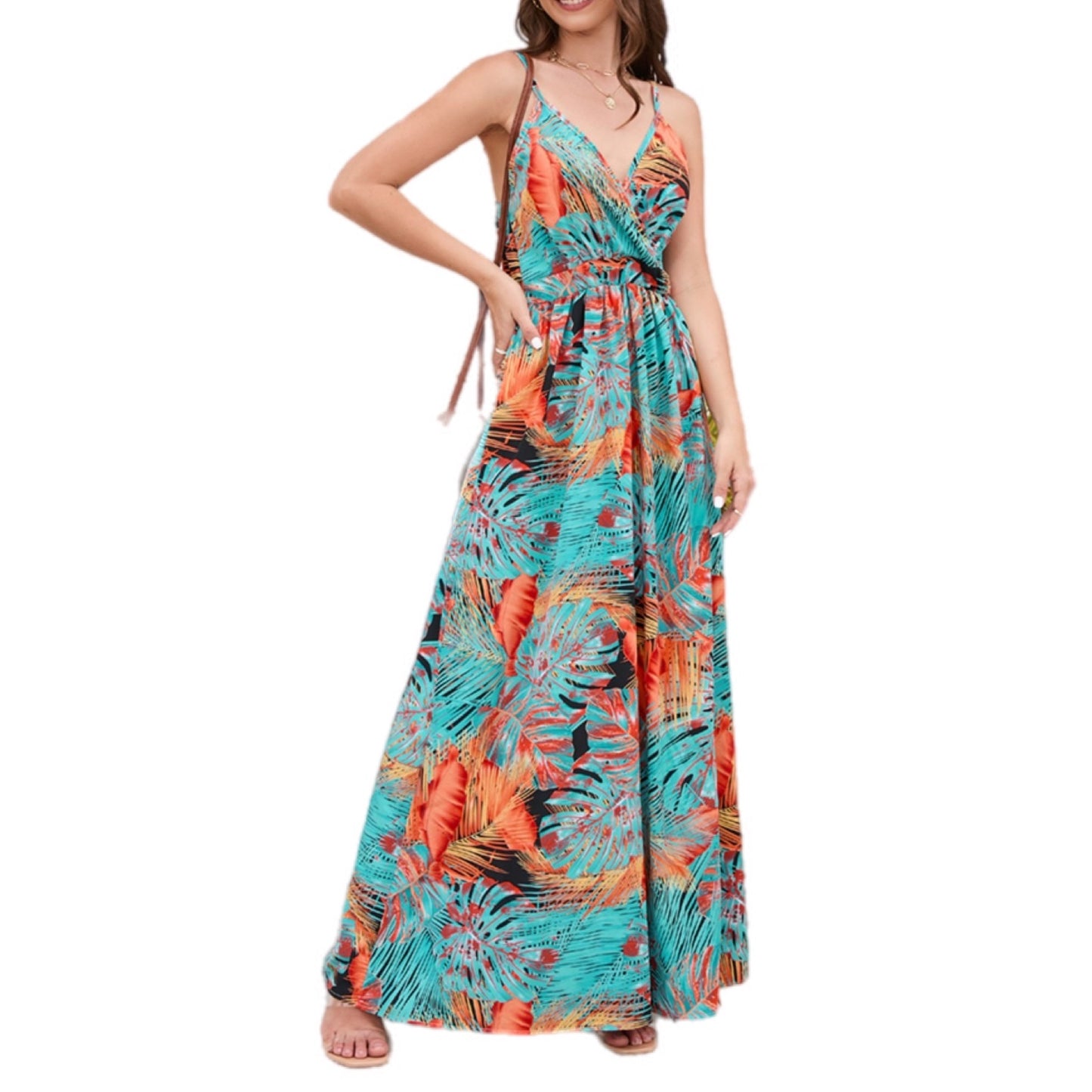 Tropical Print V-Neck Maxi Dress