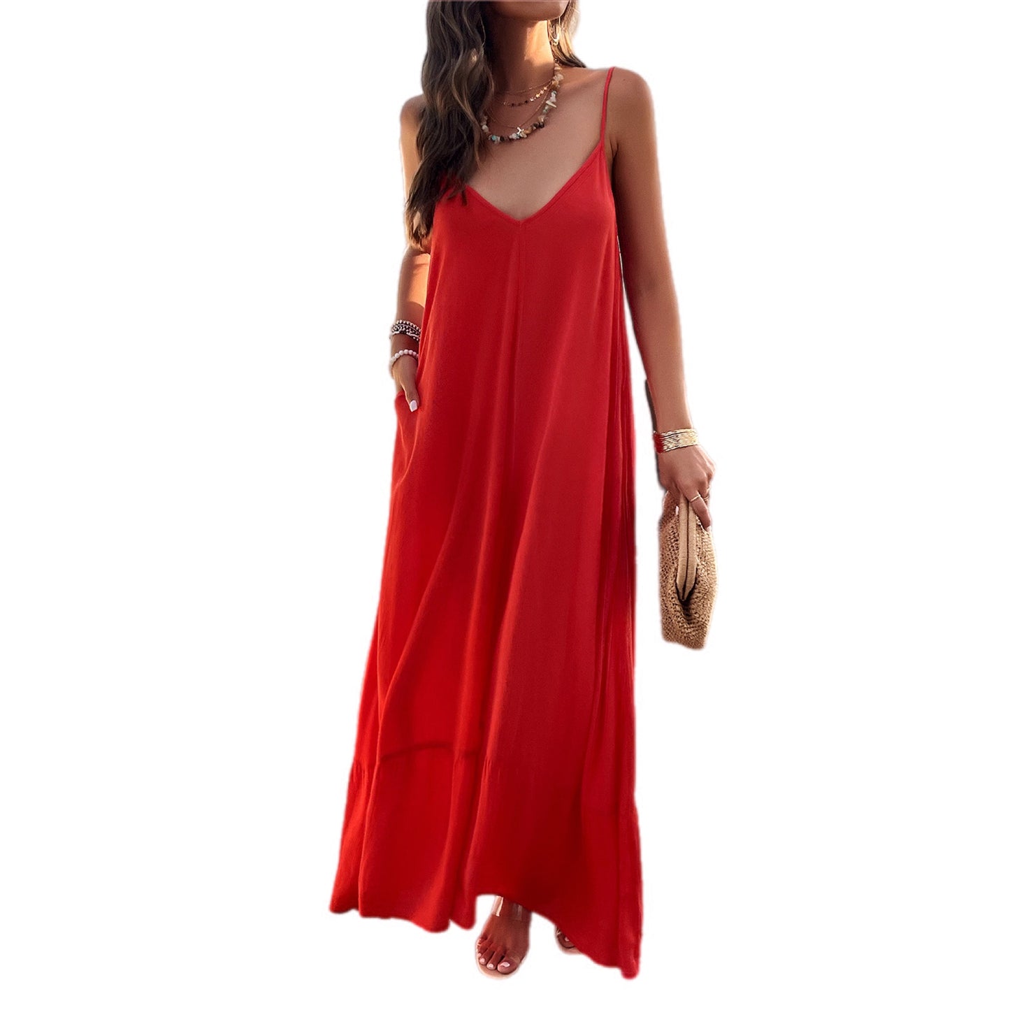 Backless Maxi Cami Dress with Pockets