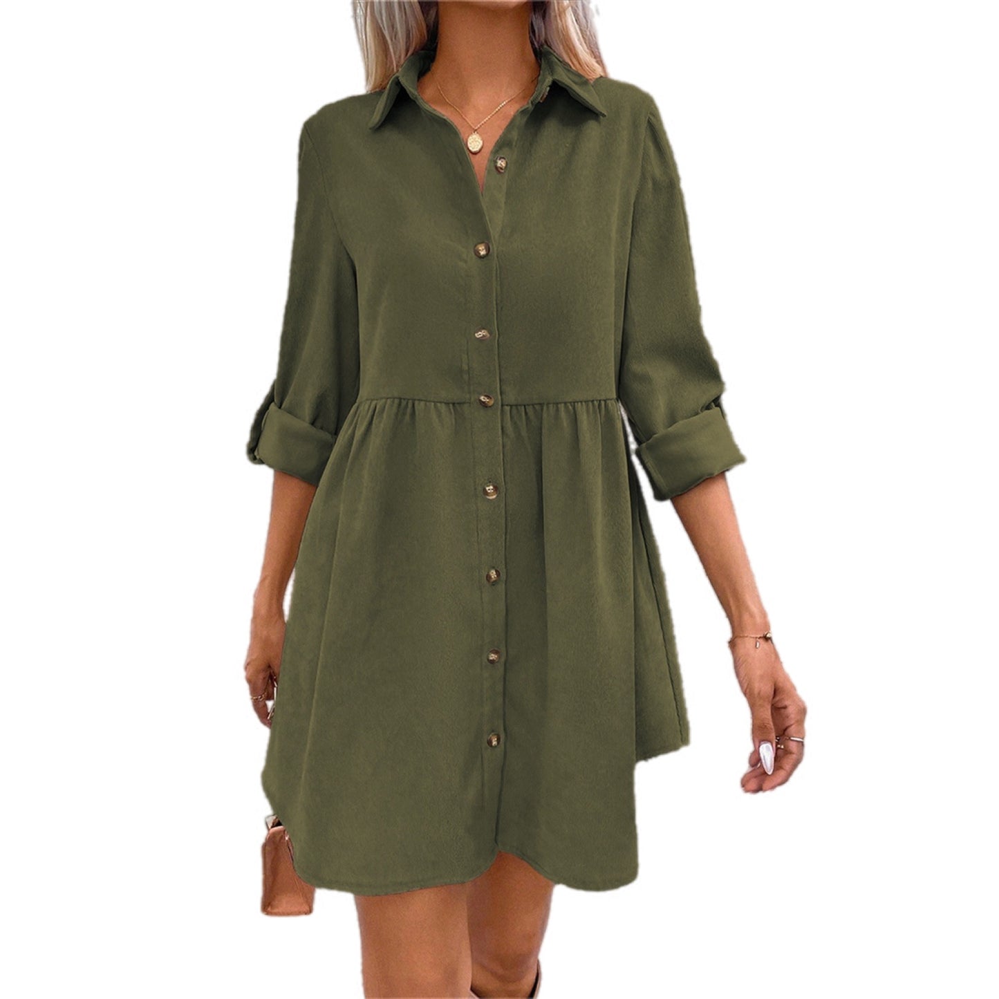 Olive Green Button-Up Shirt Dress