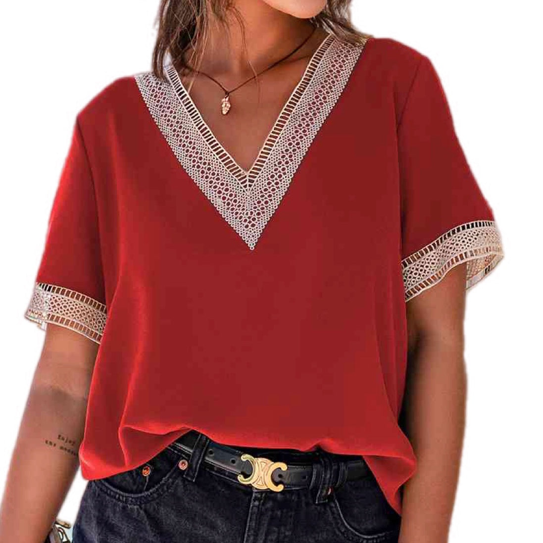 Lace Contrast V-Neck Blouse