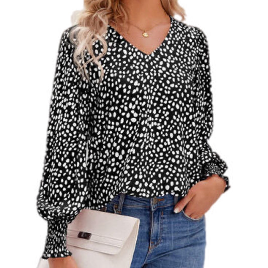 Printed V-Neck Lantern Sleeve Blouse