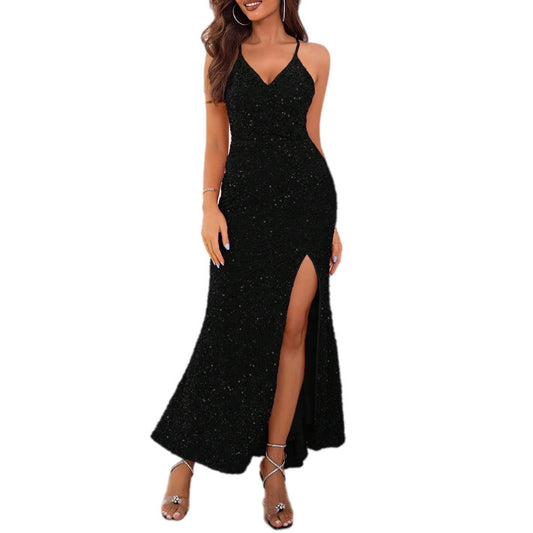 Glittering Sequin High-Slit Evening Gown