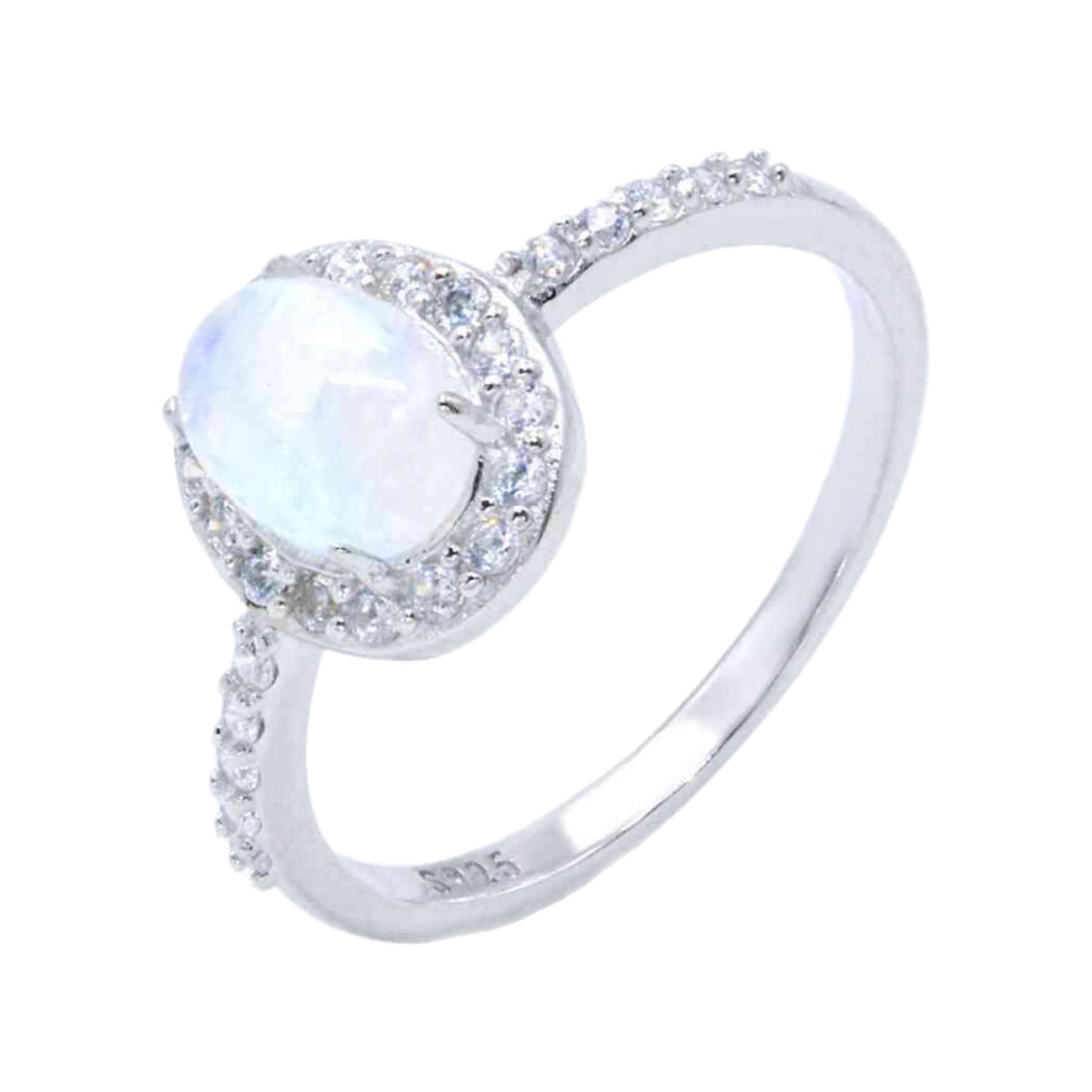 Oval Rainbow Moonstone Sterling Silver Halo Ring