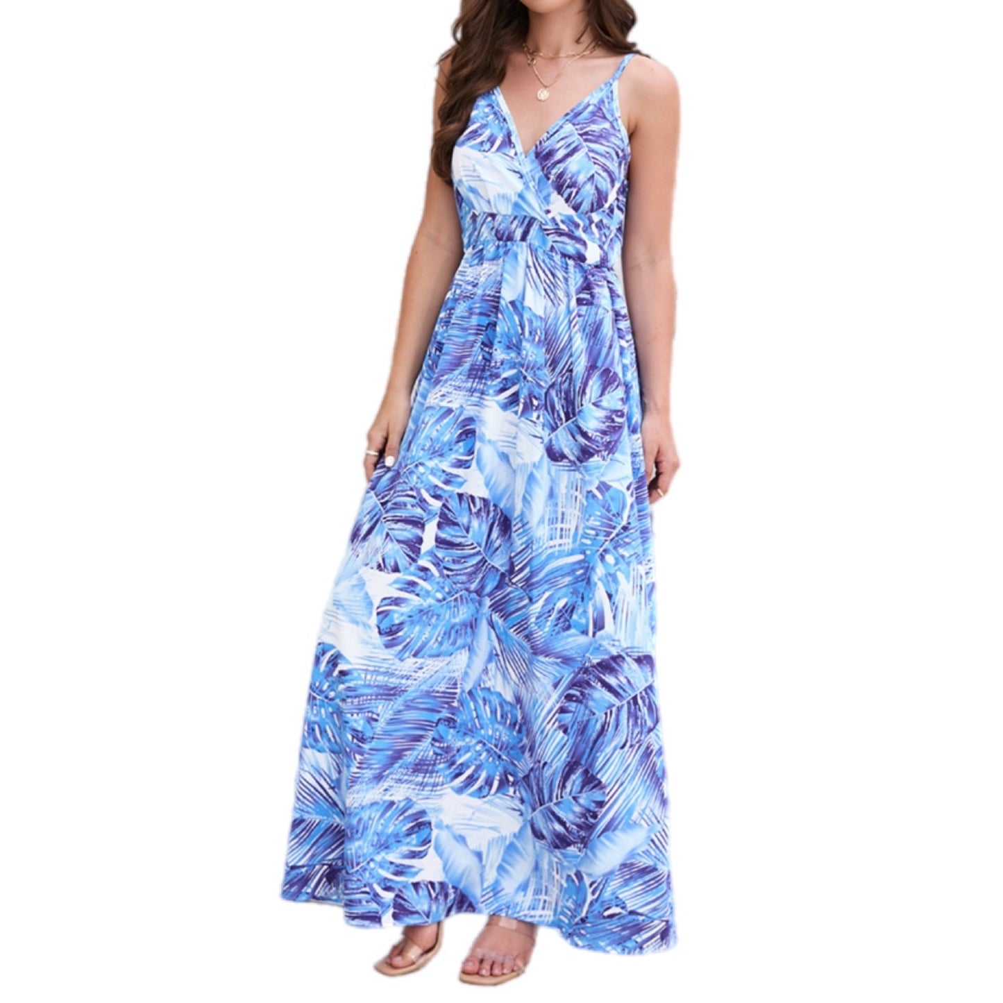 Tropical Print V-Neck Maxi Dress