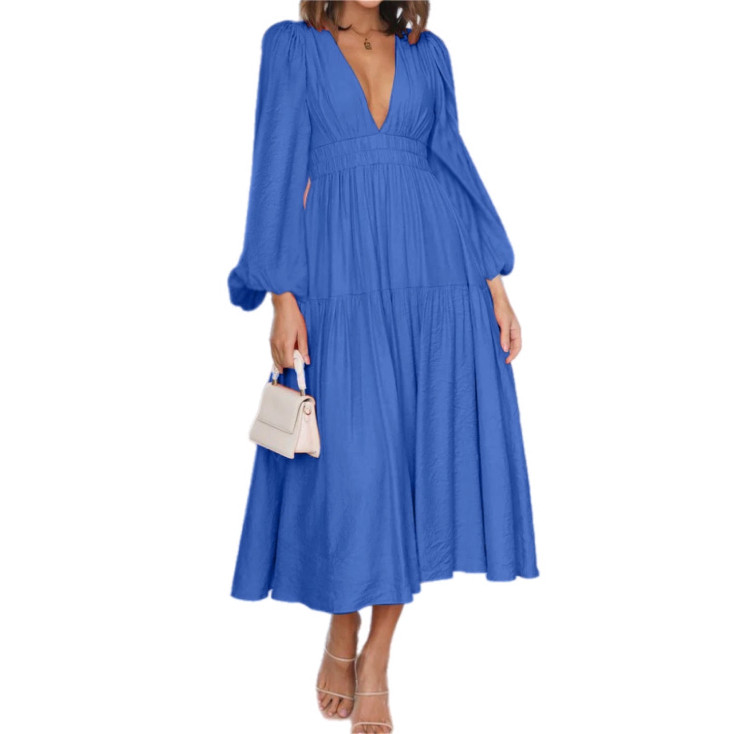 Deep V-Neck Balloon Sleeve Plain Maxi Dress