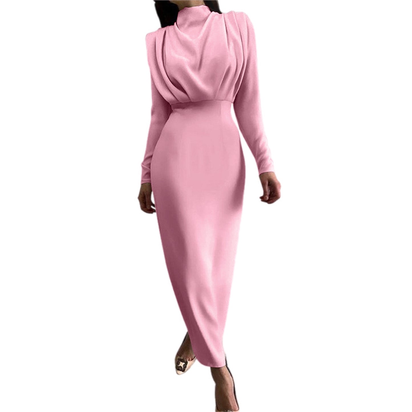 Formal Ruched Turtleneck Long Sleeve Dress