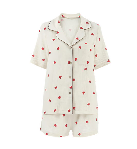 Ivory Heart Print Pajama Short Set