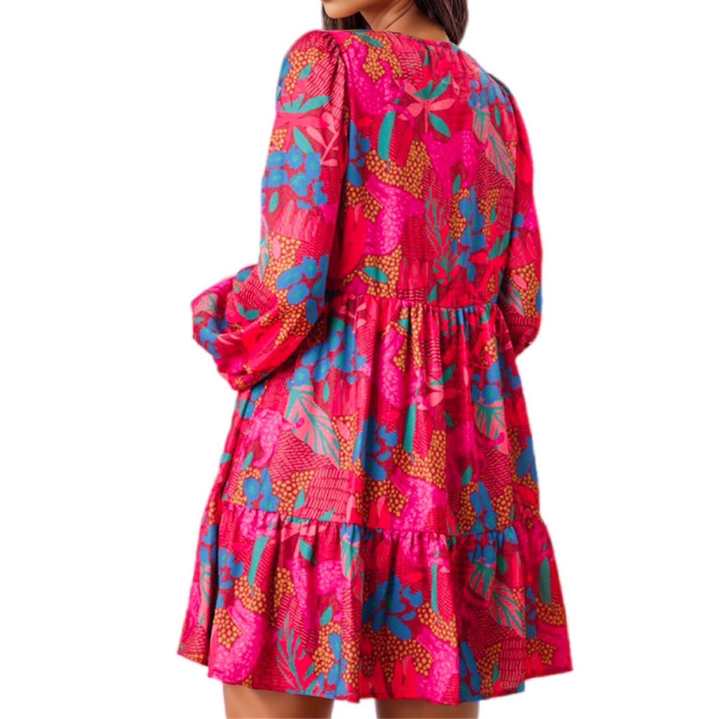 Vibrant Floral V-Neck Bell Sleeve Mini Dress