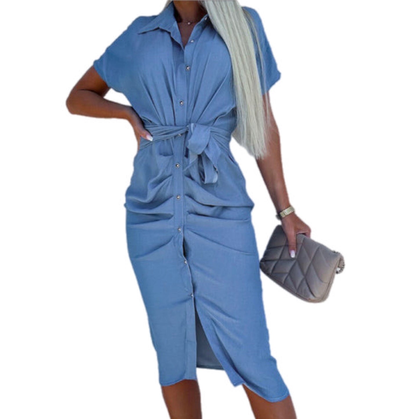 Pleated Shirt Dress with Tie Waist