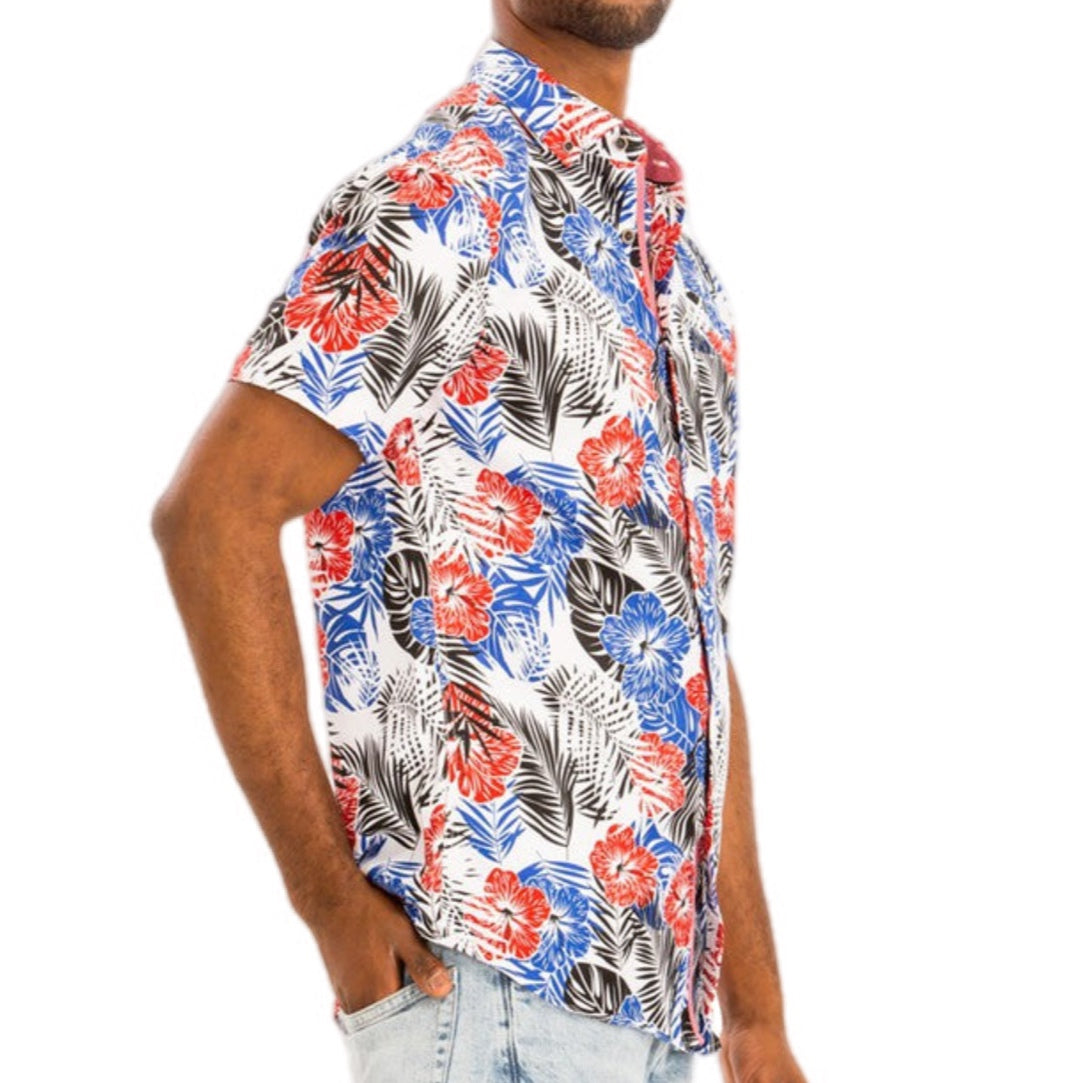 Patriotic Tropical Floral Button-Down Shirt