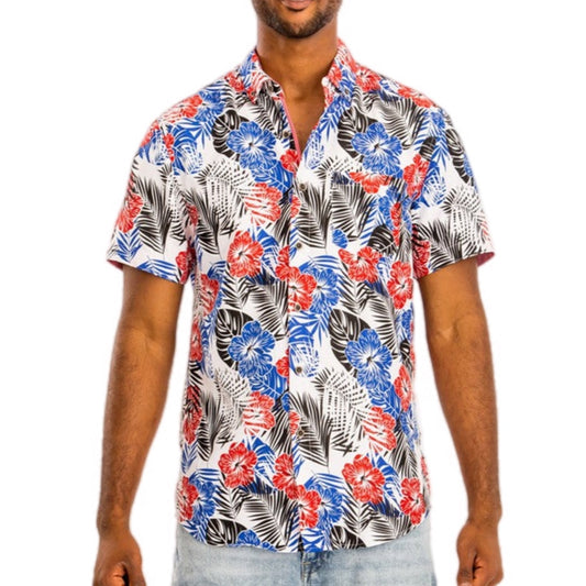 Patriotic Tropical Floral Button-Down Shirt