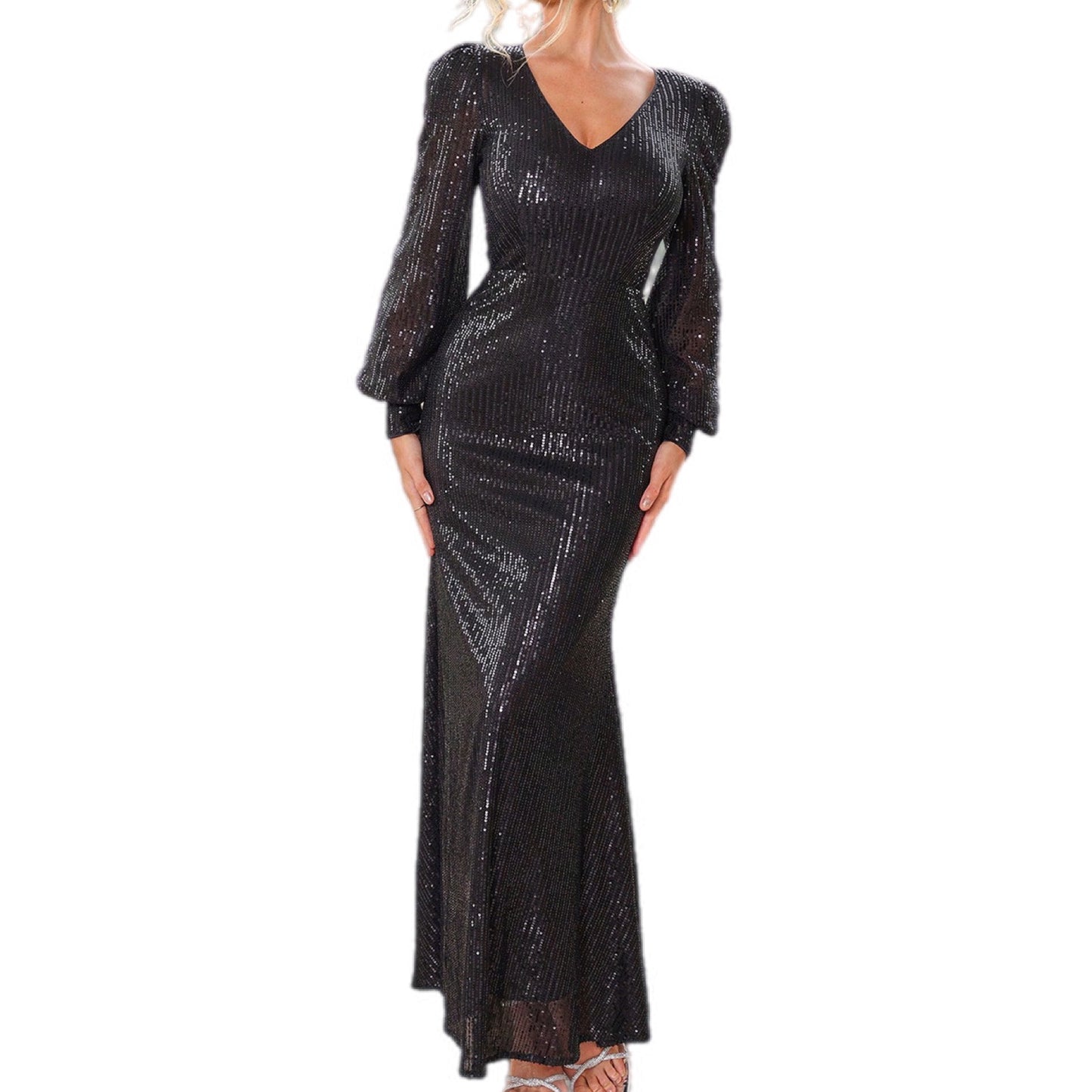 Sequined V-Neck Evening Gown