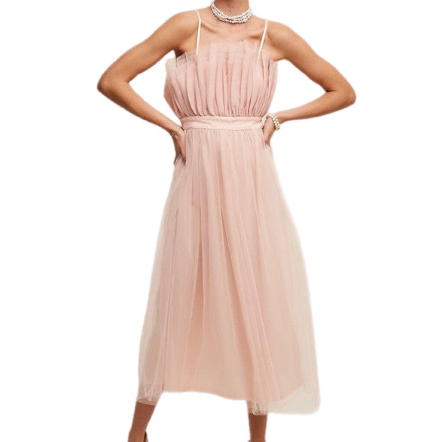 Paper Bag Frill Pink Tulle Maxi Dress