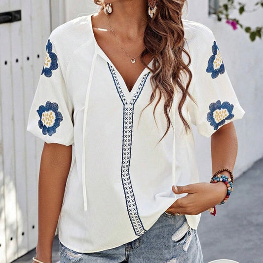 V-Beck Top with Floral Details