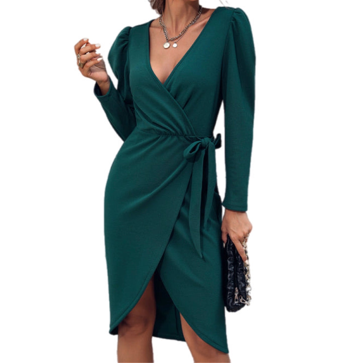 V-Neck Tie Waist Wrap Dress